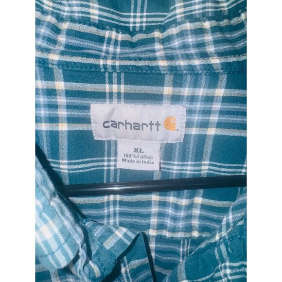 Carhartt Green Plaid Button-Up Short Sleeve Shirt XL 100% Cotton Western Casual - Picture 3 of 7